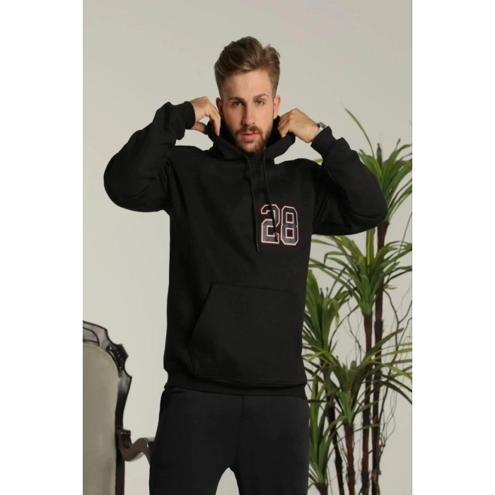 Sırt Baskılı Oversize Üç İplik Kapüşonlu Sweatshirt - Siyah