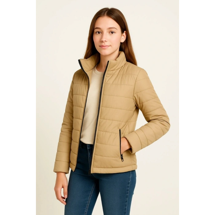 Şişme Mont Hafif ve Sıcak Tutucu Kışlık Fermuarlı Su İtici Rahat Günlük Mont Kapüşonuz Modern Tasarım - Bej