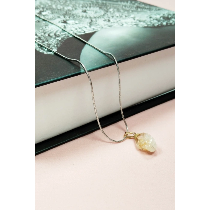 Sitrin Doğal Taşı Zincirli El Yapımı Kolye Uç: 2 cm Zincir: 20 cm Kutulu