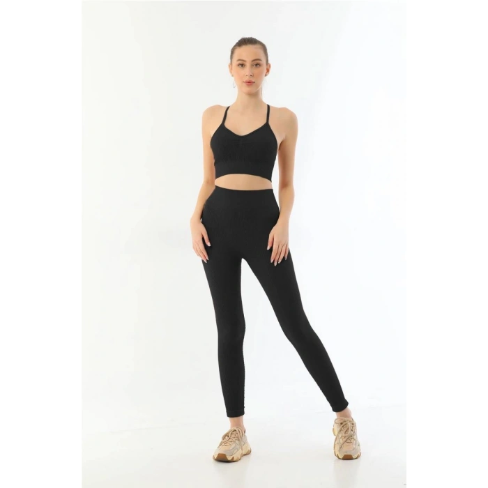 Siyah  3921 Soft Seamless Ripli Tayt Yoga Takımı