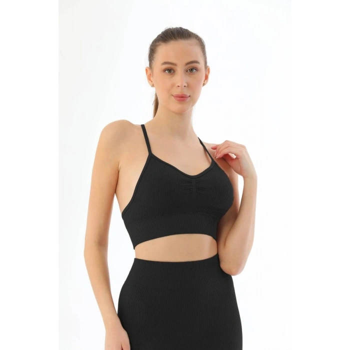 Siyah  3921 Soft Seamless Ripli Tayt Yoga Takımı