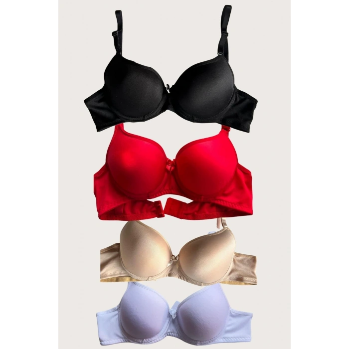 Siyah-beyaz-kırmızı-ten 4lü Dolgulu Push Up Micro Balenli Günlük Tek Destekli Sütyen