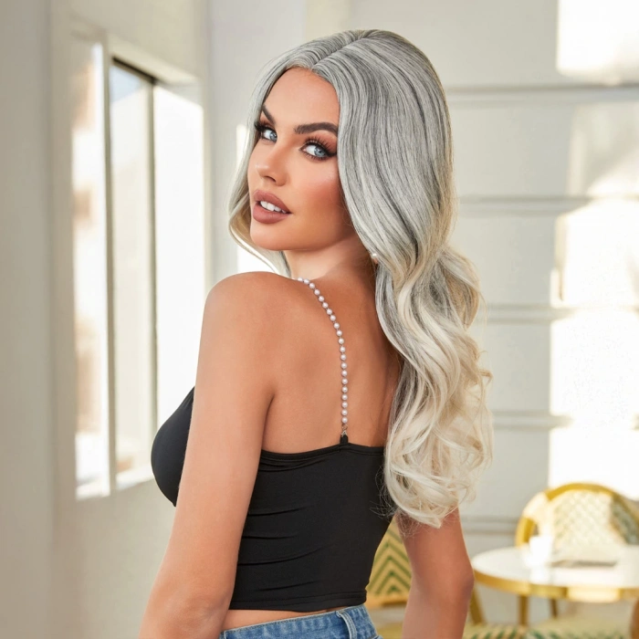 Siyah Beyaz Platin Ombre ve Röfleli Tül Peruk