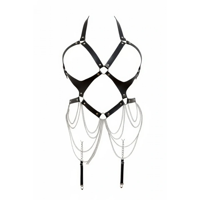 Siyah Body Harness Suni Deri Zincir Detaylı Vücut Aksesuarı - Brf1161