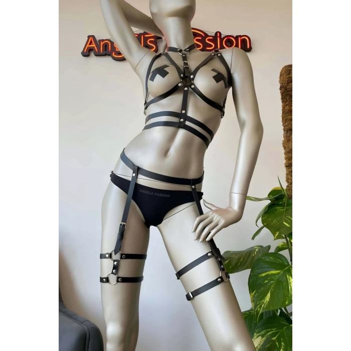 Siyah Deri Fantezi Jartiyer Harness Takım - Brf455