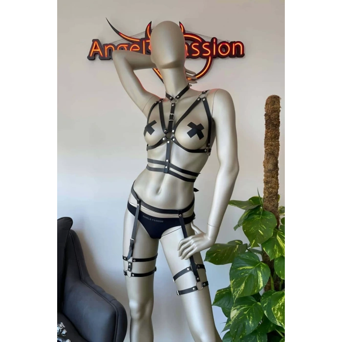 Siyah Deri Fantezi Jartiyer Harness Takım - Brf455