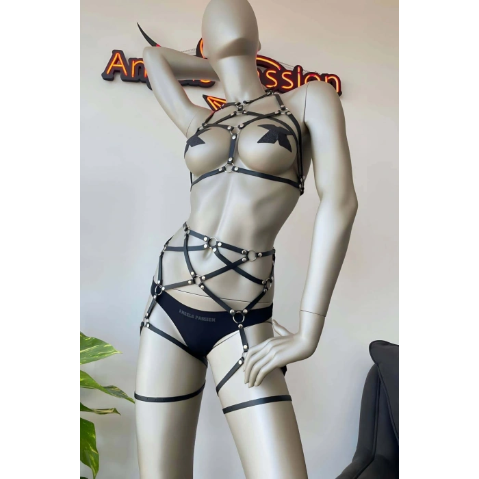 Siyah Deri Jartiyer Ve Büstiyer Harness - Brf415
