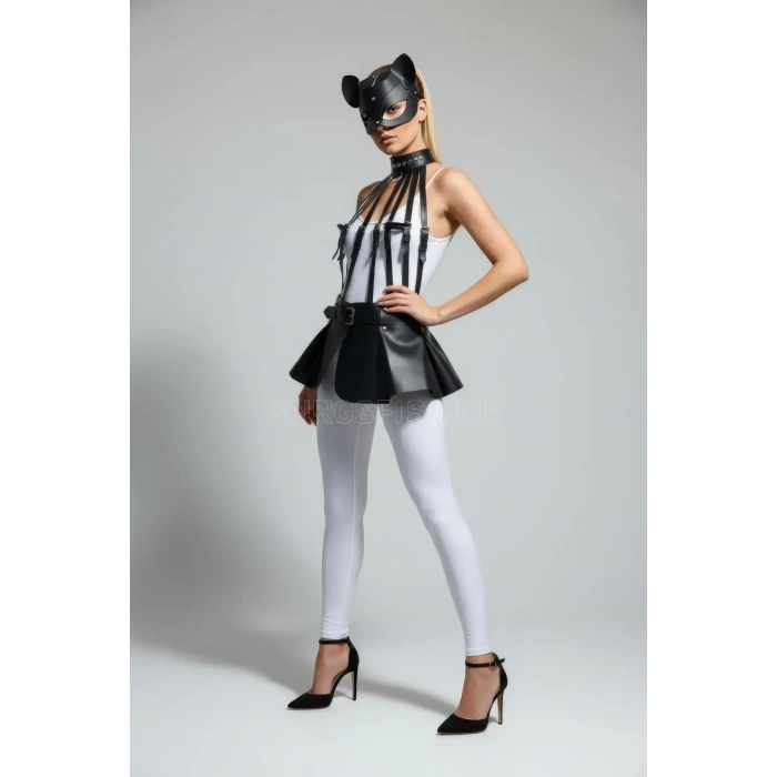 Siyah Etek Suni Deri Etek Peplum Kemer Detaylı Etek - Brf1313
