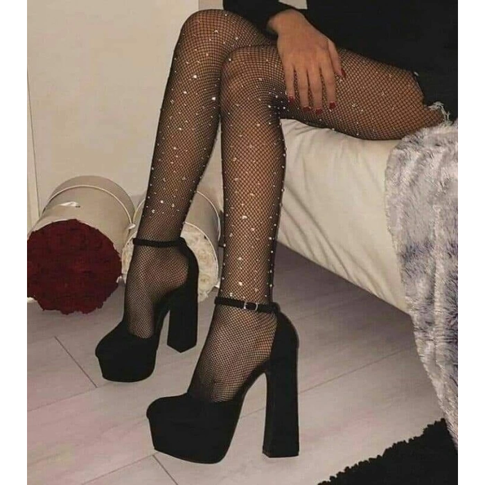 Siyah File Taşlı Çorap