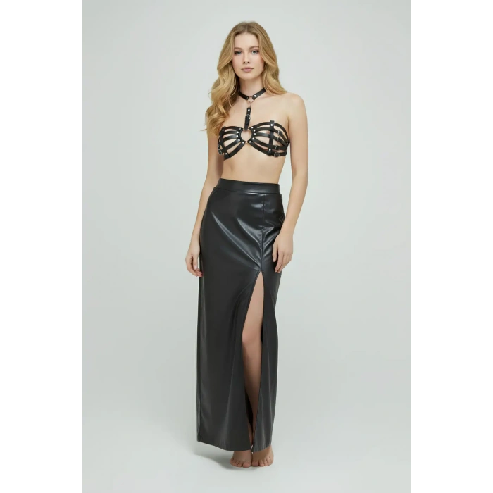 Siyah Göğüs Harness Deri Kafes Detaylı Bralet - Brf224