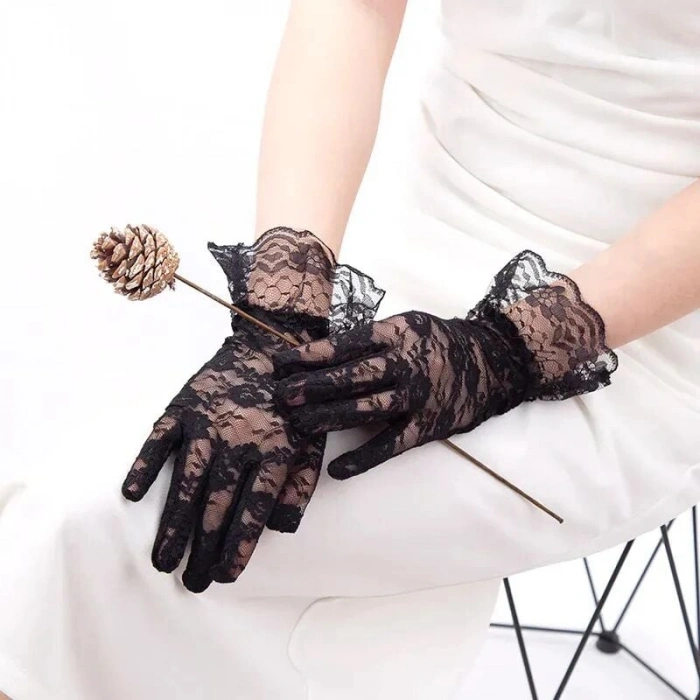 Siyah Güpürlü Dantel Eldiven Kısa – Vintage Zarif Kadın Eldiveni