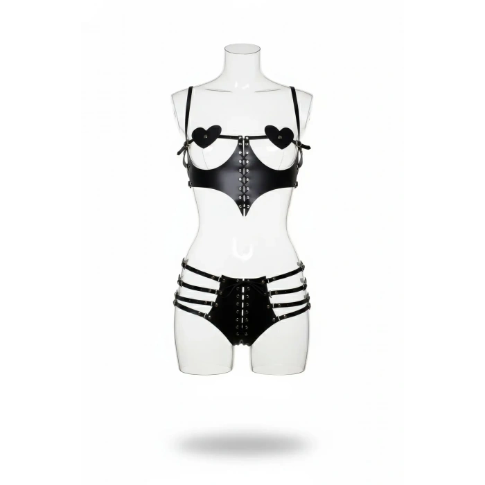 Siyah Harness Takım Deri Kalp Detaylı Bağcıklı - Brf1256