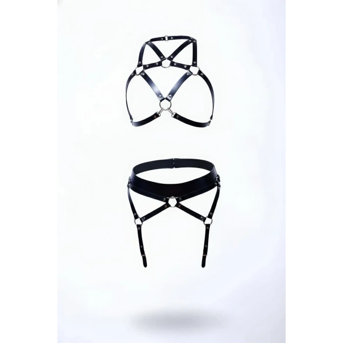 Siyah Harness Takım Deri Metal Halka Detaylı Vücut Kemeri - Brf152