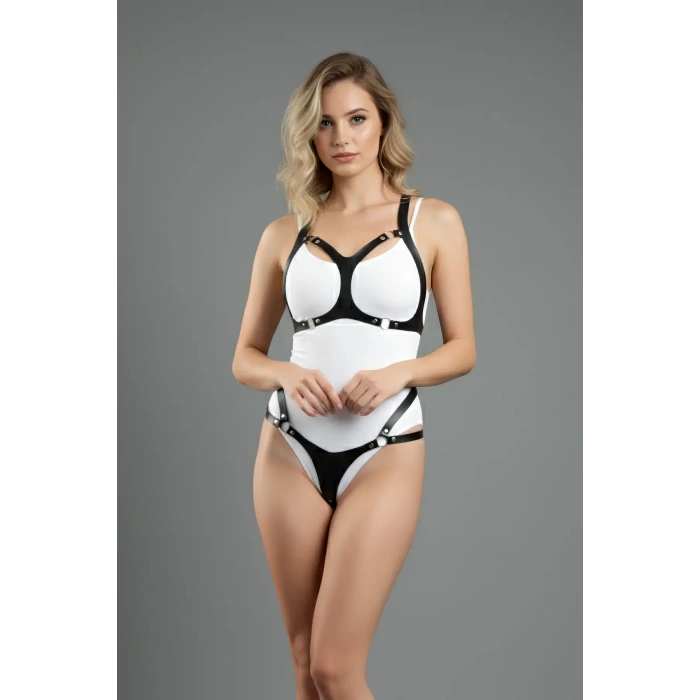 Siyah Harness Takım Deri O-halka Detaylı Vücut Aksesuarı - Brf1101
