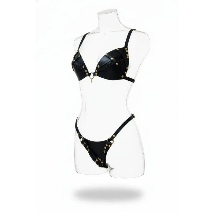 Siyah Harness Takım Suni Deri Zımba Detaylı - Brf1391