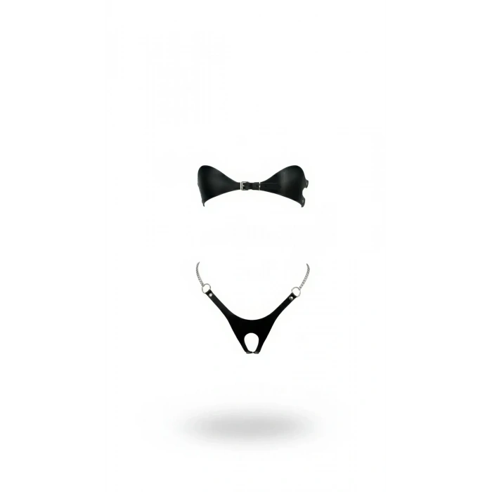 Siyah Harness Takım Suni Deri Zincir Detaylı Bralet Alt Takımı - Brf1234