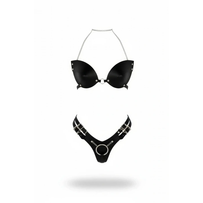 Siyah Harness Takım Suni Deri Zincir Detaylı Bralet - Brf1223