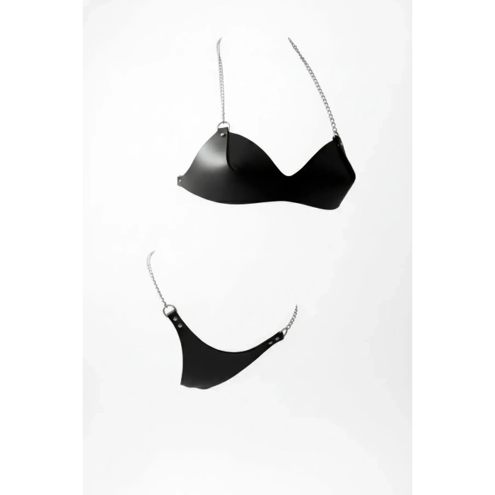 Siyah Harness Takım Suni Deri Zincir Detaylı - Brf1169