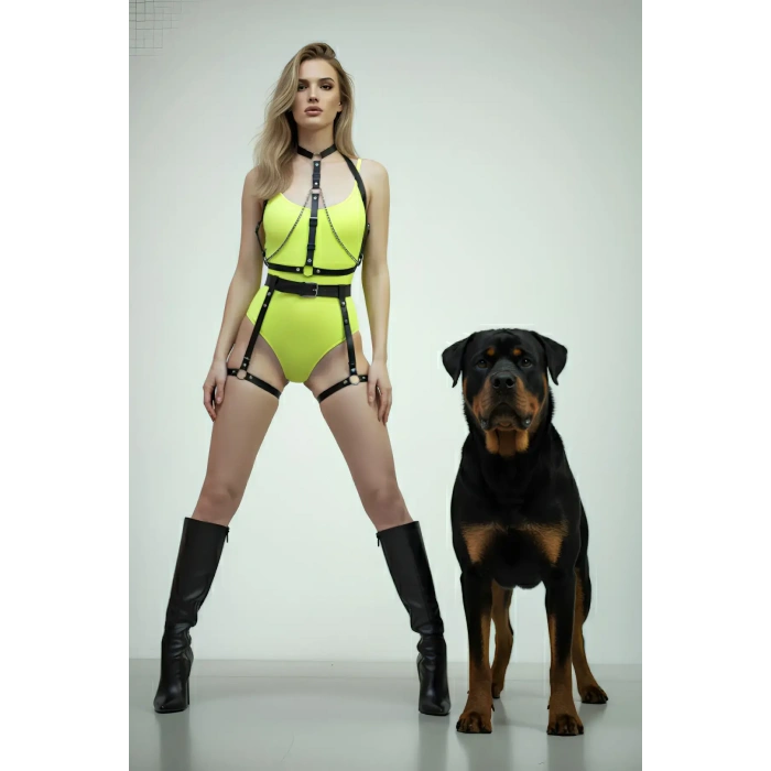 Siyah Harness Takım Zincir Detaylı Deri Vücut Aksesuarı - Brf1068