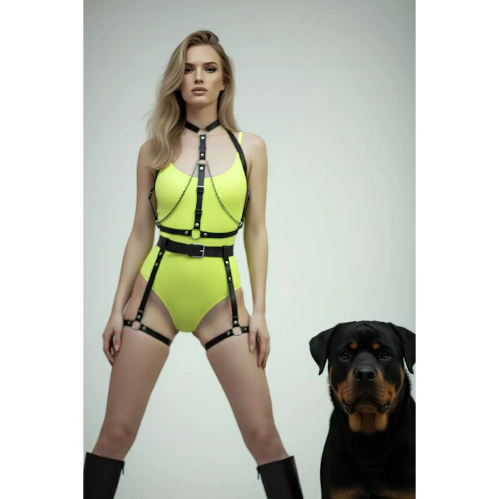 Siyah Harness Takım Zincir Detaylı Deri Vücut Aksesuarı - Brf1068