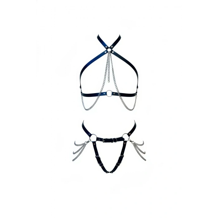Siyah Harness Takım Zincir Detaylı Deri Vücut Kemeri - Brf1084
