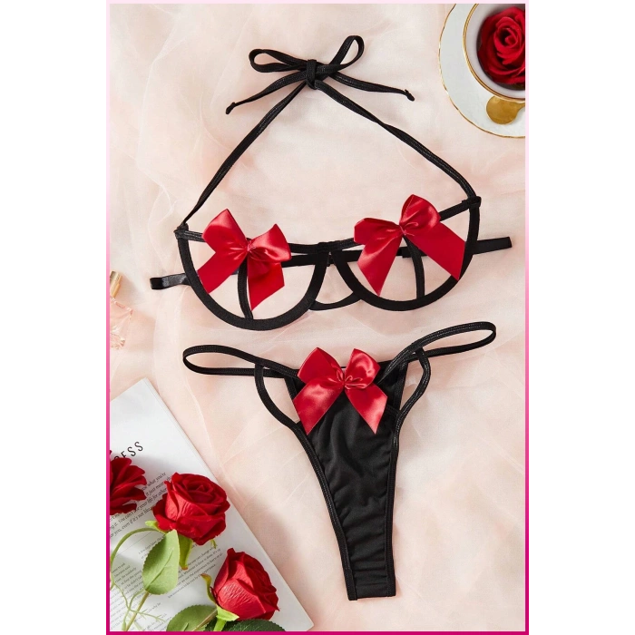 Siyah-Kırmızı Göğüs Fiyonklu Balenli Sütyen Külot Takım