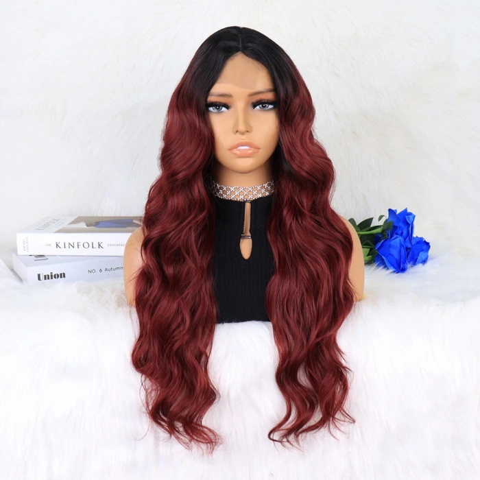 Siyah Koyu Kızıl Ombreli Dalgalı Tül Peruk