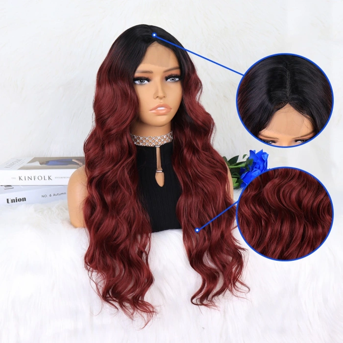 Siyah Koyu Kızıl Ombreli Dalgalı Tül Peruk