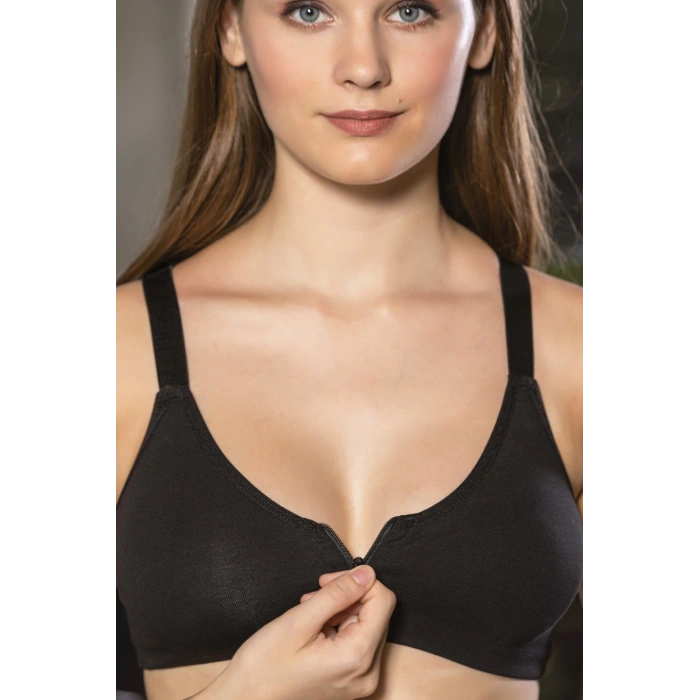 Sİyah Önden Fermuarlı Pamuklu Sütyen,Günlük ve Medikal Kullanım İçin, Kadın İç Giyim