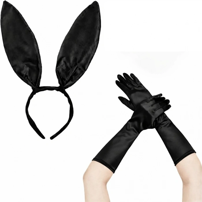 Siyah Parlak Tavşan Kulak ve 40 cm Parlak Siyah Eldiven Kostüm Seti