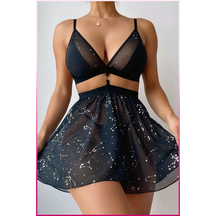 Siyah Parlak Yıldızlı Kadın Etekli Fantazi Kostüm