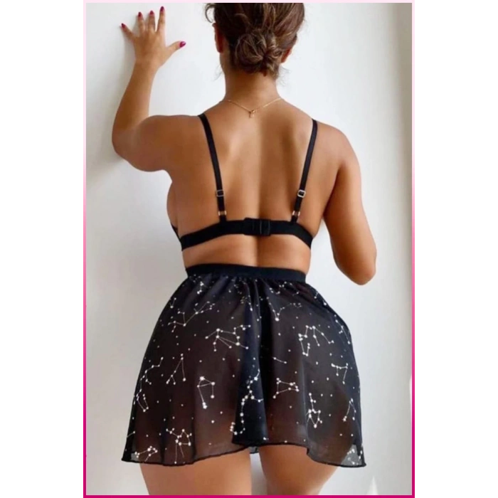 Siyah Parlak Yıldızlı Kadın Etekli Fantazi Kostüm