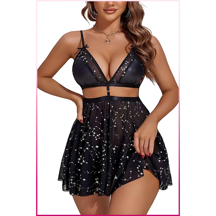 Siyah Parlak Yıldızlı Kadın Etekli Fantazi Kostüm