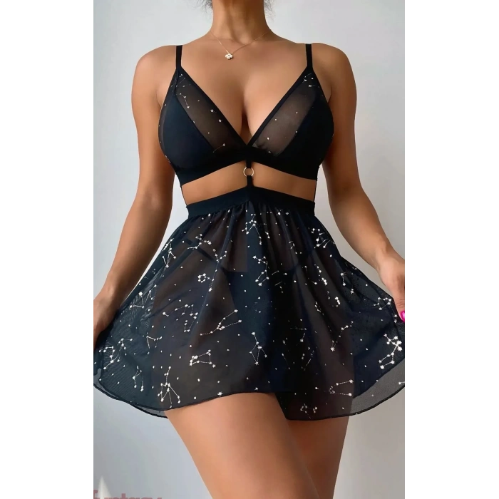 Siyah Parlak Yıldızlı Kadın Etekli Fantazi Kostüm