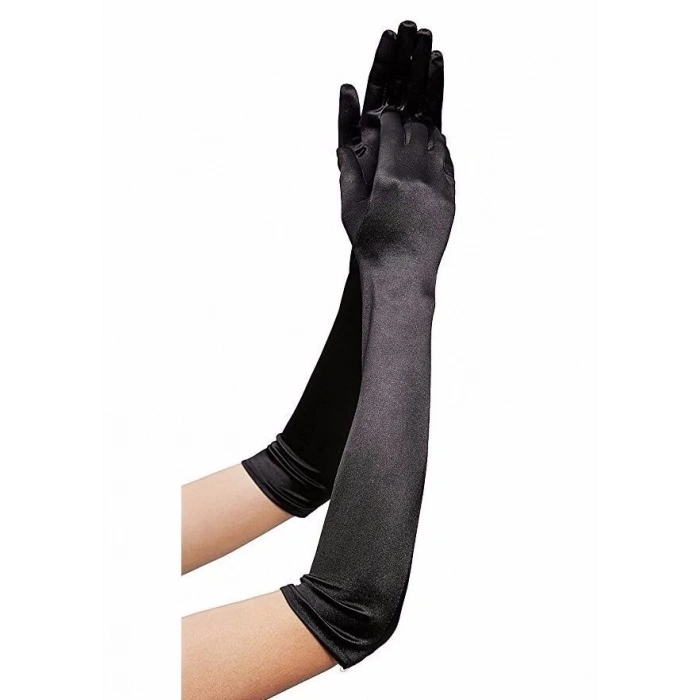 Siyah Renk Dirseğe Kadar Uzun Kumaş Eldiven (4887)