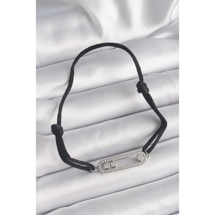 Siyah Renk İpli Asansör Zirkon Taşlı Gümüş Messika Model Kadın Bileklik - TJ-BB6580