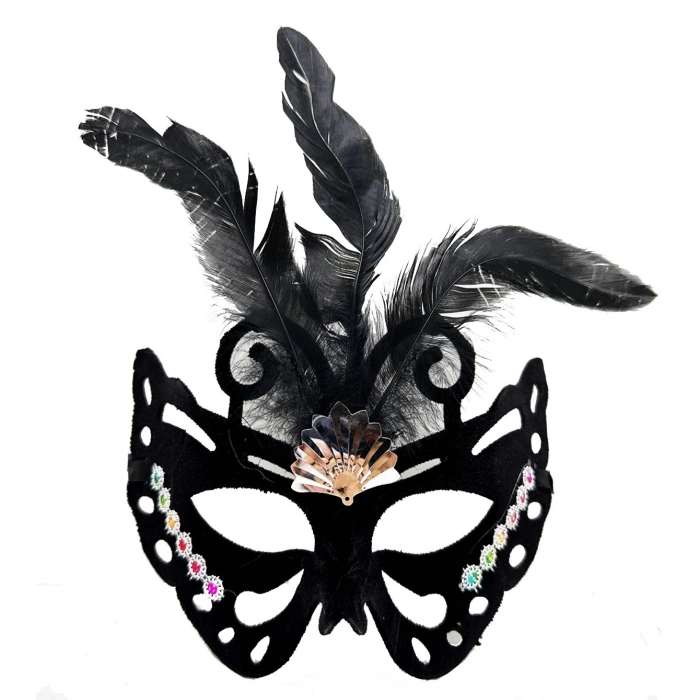 Siyah Renk Siyah Süet Kaplama Tüylü Kelebek Figür Parti Maskesi 24x18 cm (4887)