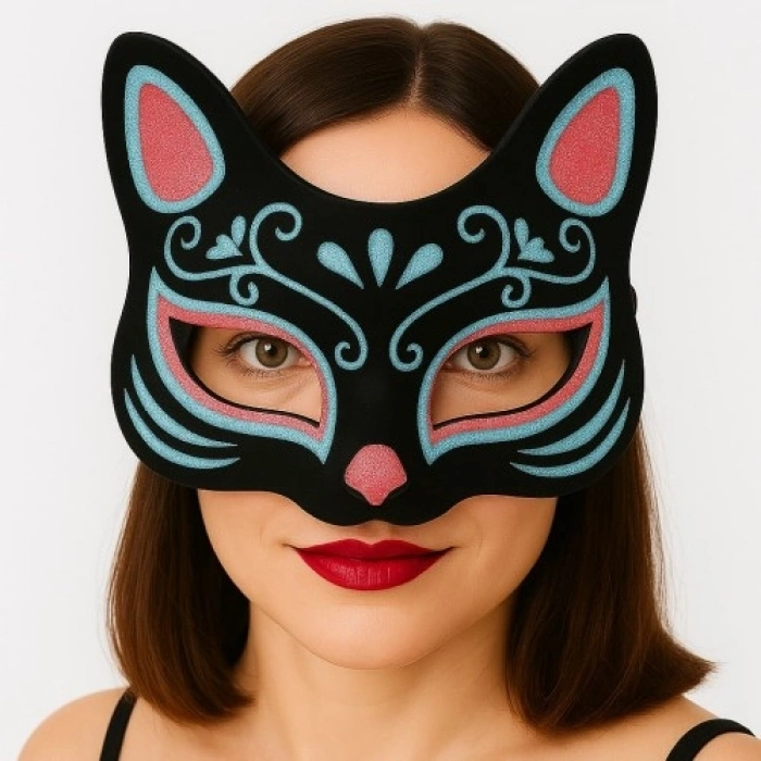 Siyah Renk Süet Kaplama Üzeri Mavi Kırmızı Simli Kedi Maskesi 17x14 cm