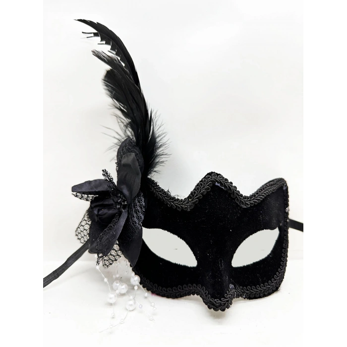Siyah Renk Yandan Tüylü Beyaz İncili Süet Kaplama A Kalite Lüks Parti Maskesi 20x23 cm (4887)