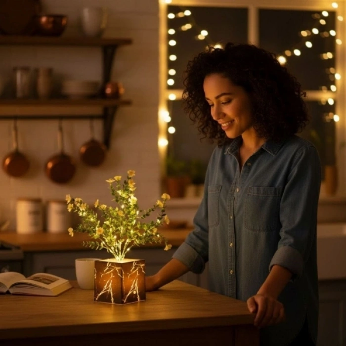 Siyah Saksılı Led Yapay Çiçek