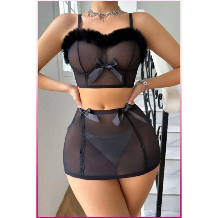 Siyah Tül Kurdele Detaylı Seksi İç Giyim Seti