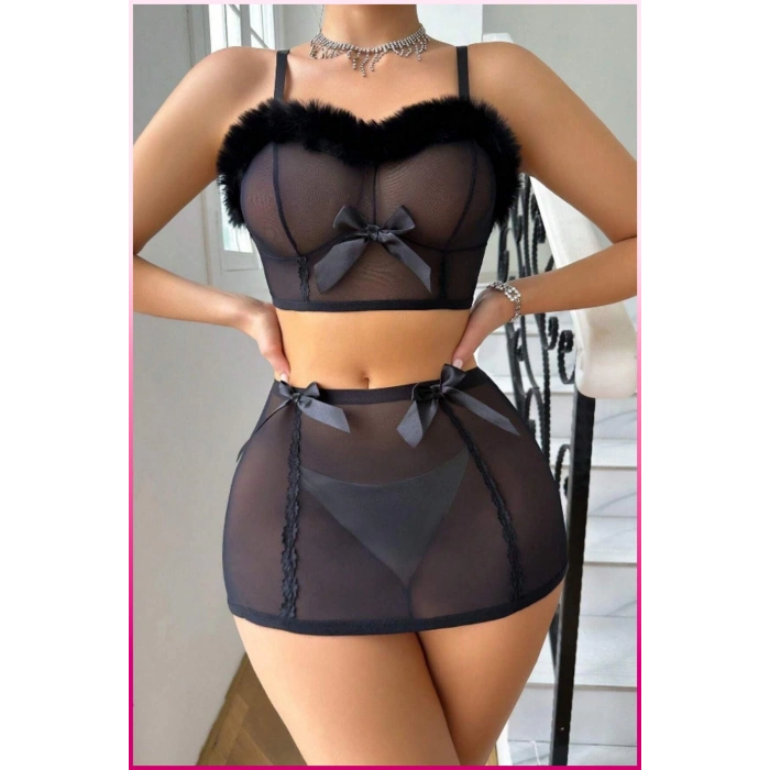 Siyah Tül Kurdele Detaylı Seksi İç Giyim Seti