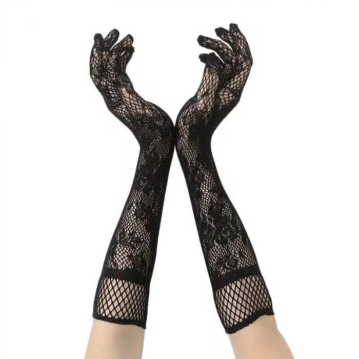 Siyah Uzun Gül Desenli Dantel Kadın Eldiveni