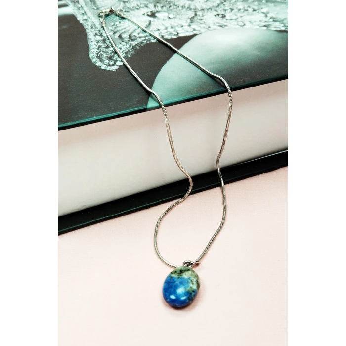 Sodalit Doğal Taşı Zincirli El Yapımı Kolye Uç: 1,5 cm Zincir: 20 cm Kutulu