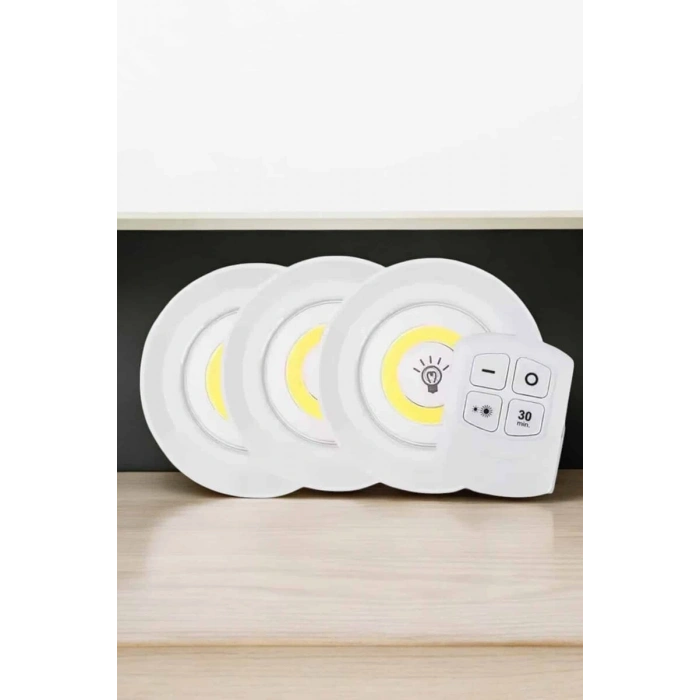 Spot Lamba Led Işık 3lü Uzaktan Kumandalı Pilli Yapışkanlı Kablosuz