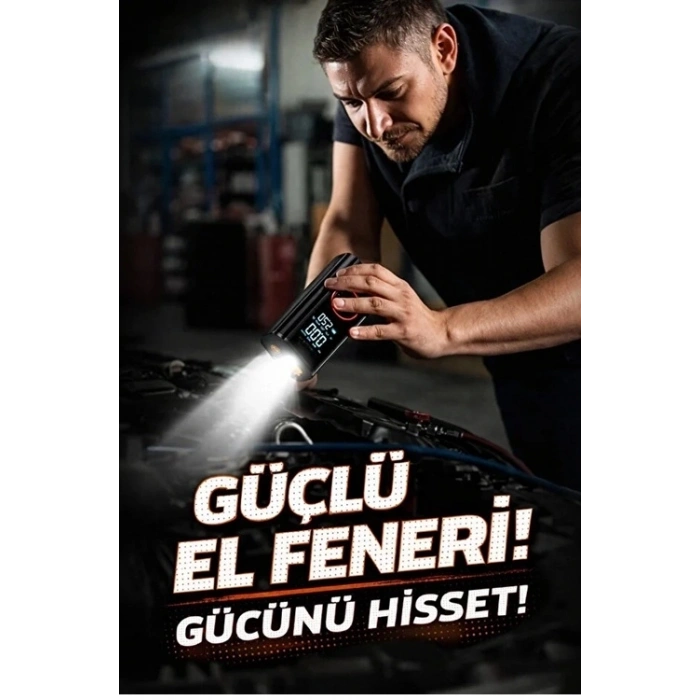 St-9650 Şarjlı 10.000 Mah Taşınabilir Araç Hava Kompresörü Akü Takviyeli Dijital Ekranlı Işıklı Çantalı