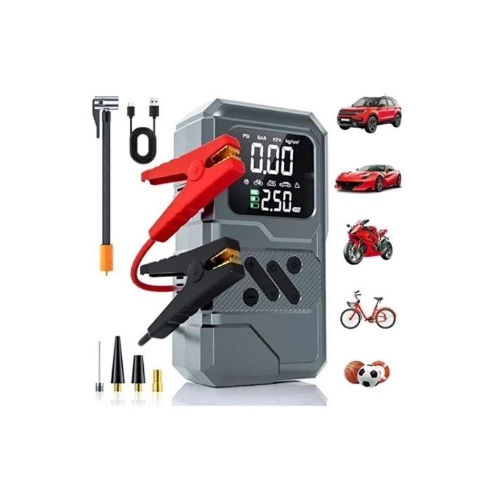 St-9654 Şarjlı 10.000 Mah Taşınabilir Araç Hava Kompresörü Akü Takviyeli Dijital Ekranlı Işıklı