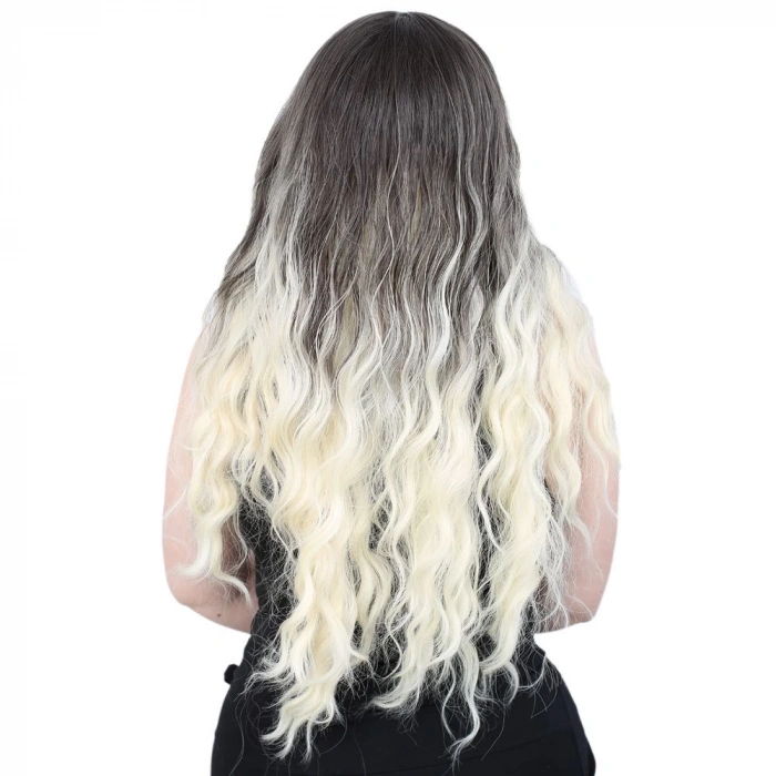 Su Dalgası Uzun Perçemsiz Fiber Sentetik Peruk - Küllü Siyah / Platin Ombreli