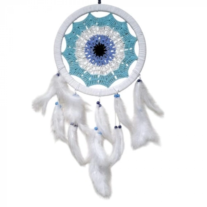 Su Yeşili Renginde Nazar Motifli Kuş Tüylü Duvar Süsü