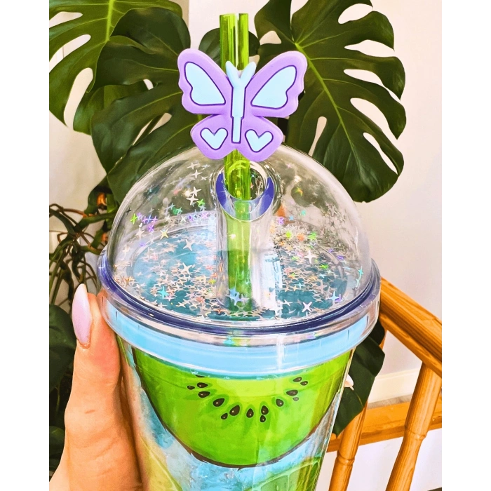 Suluk Pipetli Meyve Görselli Led Işıklı 450 ML Çift Katman Mika Su Şişesi 2096 Kiwi